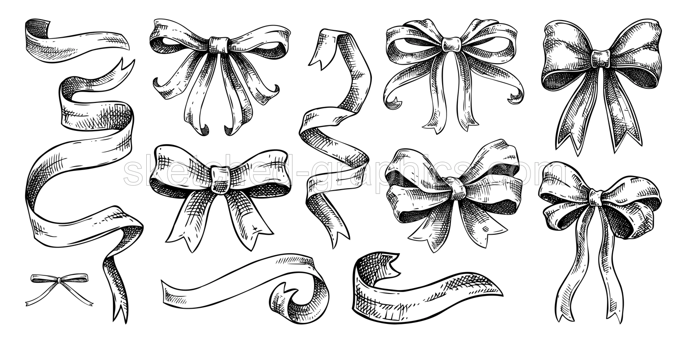 Coquette bow sketches. Rococo design elements Vintage baroque victorian ribbons. Japanese style hand-drawn illustrations. NOT AI generated Illustration